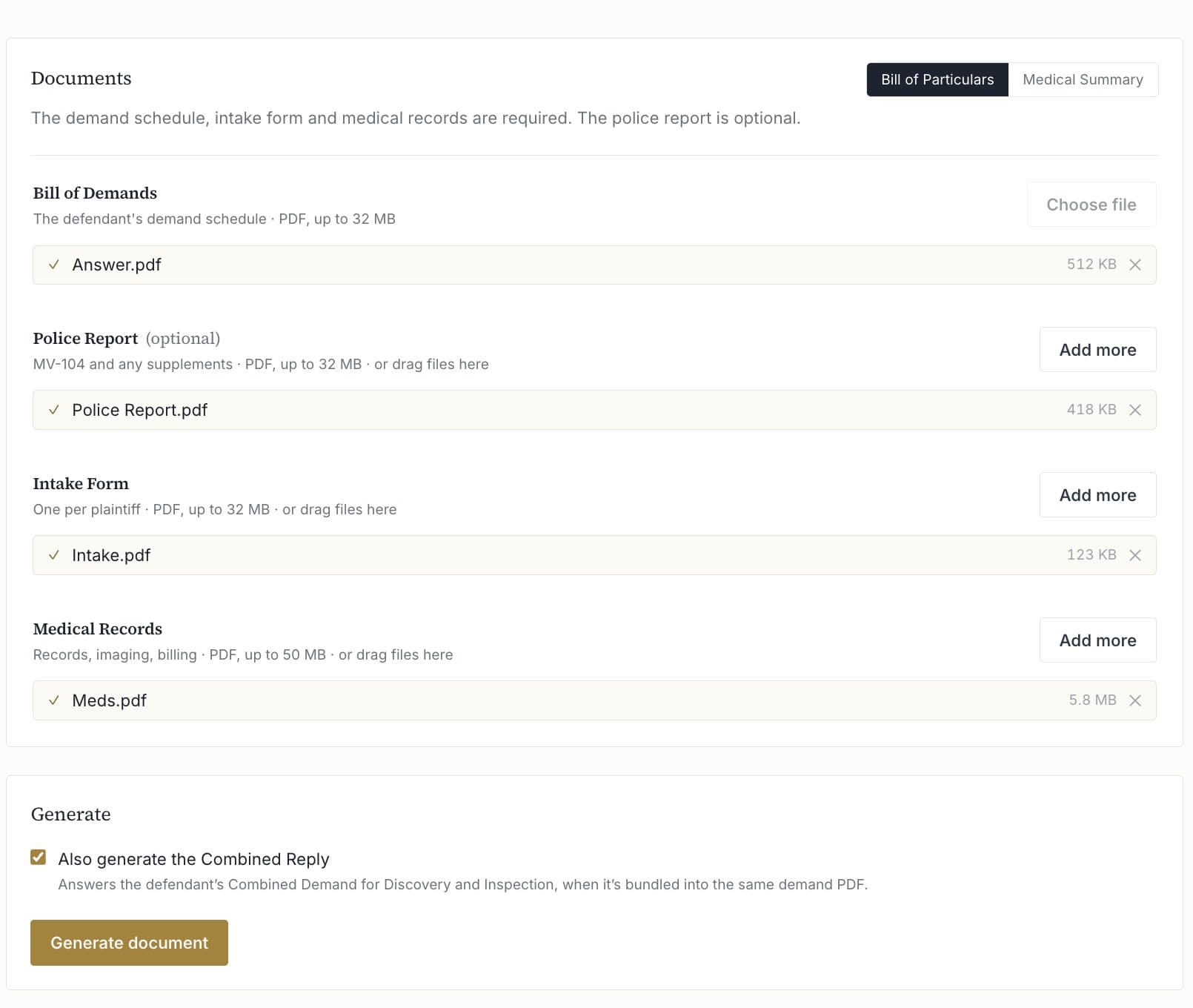 BP Portal generating a Bill of Particulars from a case file